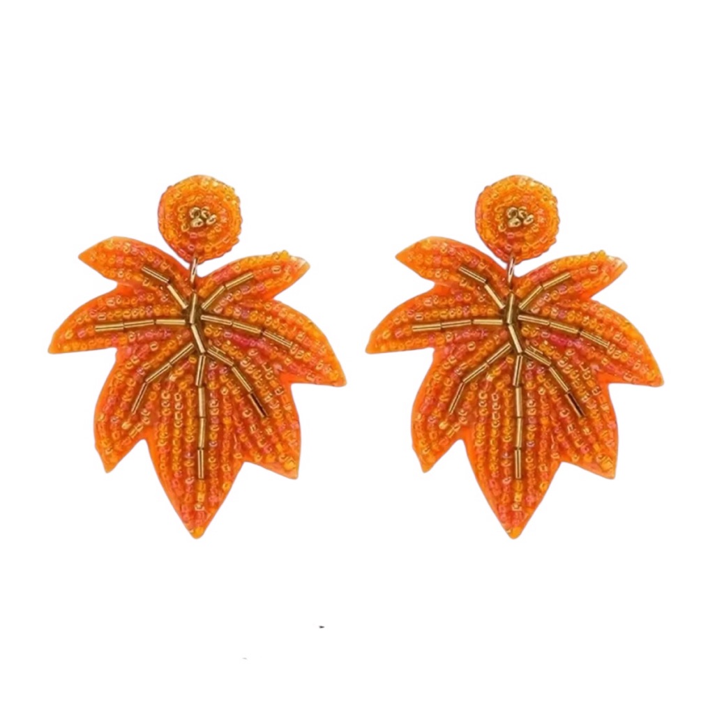 Orange Beaded Maple Leaf Earrings 26$